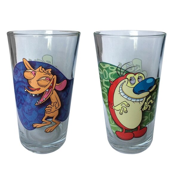 New! Ren & Stimpy Pint Glass Set of 2 + Ice Cube Tray Nickelodeon Cartoon - Picture 2 of 4